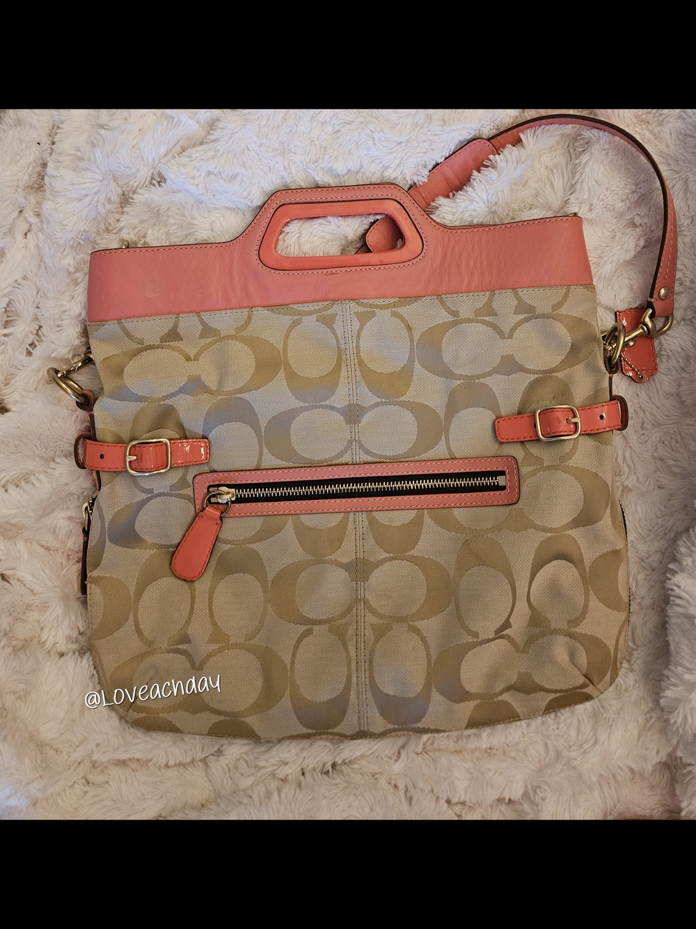 Y2K✨️Coach Bonnie Foldover Canvas Tote w/ Coral Trim - Picture 5 of 16